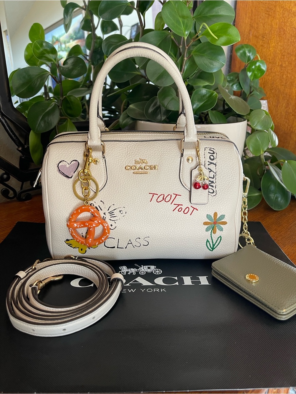 Coach Rowan Satchel Bag in Sketch Print with Charms & Cardholder